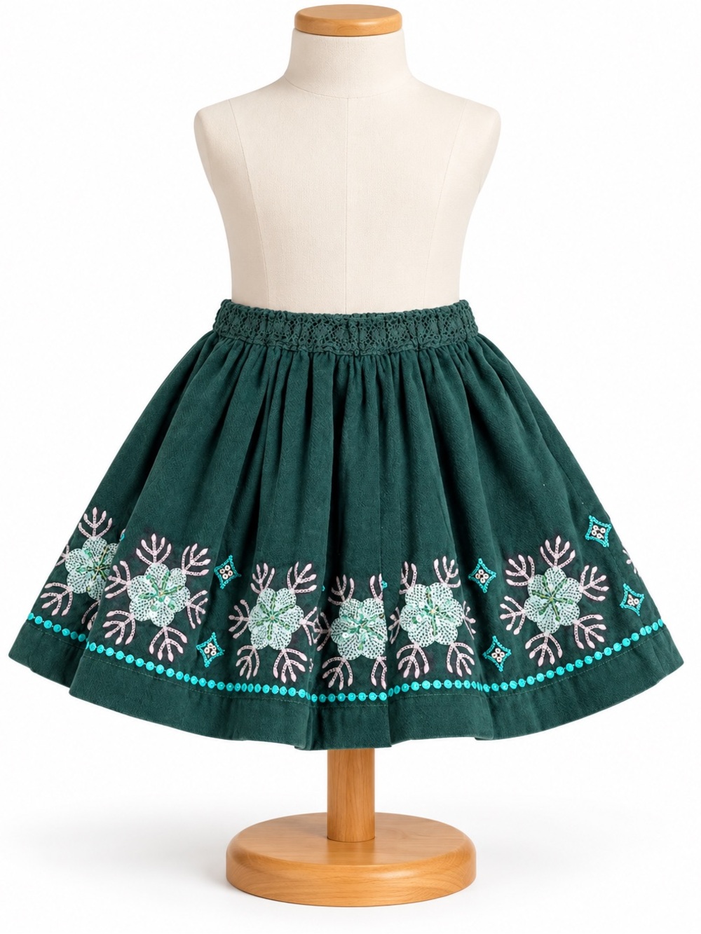 Girls' Dark Green Embroidered A-Line Skirt
